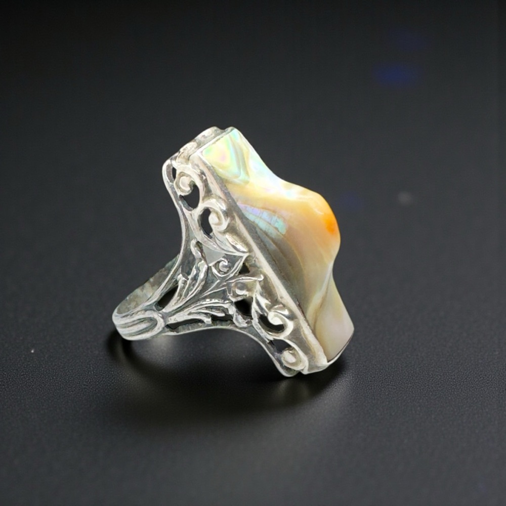 Vintage Art Deco Sterling Rectangular Abalone Blister Pearl Ring - Picture 6 of 14